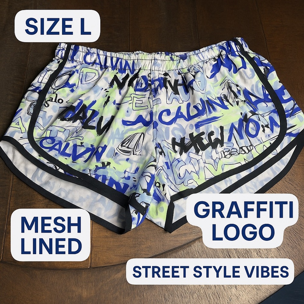 Calvin Klein Women’s Graffiti Logo Running Shorts Size L Lined Lightweight